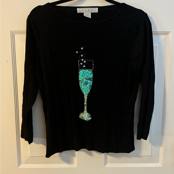 Lucia Burns Tops - Black Y2K Sequin Champagne Glass Bubbly Celebrate Party Granny Fairy Whimsical